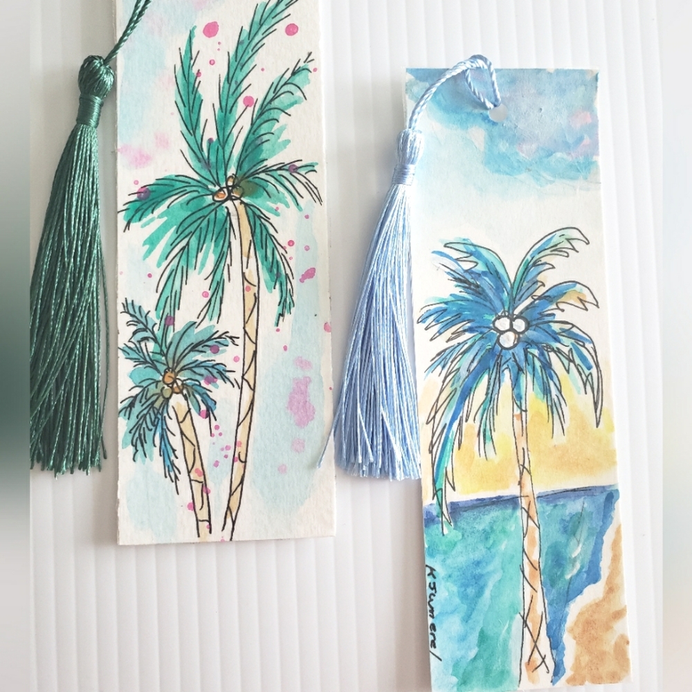 Hand Painted Palm Tree Watercolor Bookmarks with Tassels
